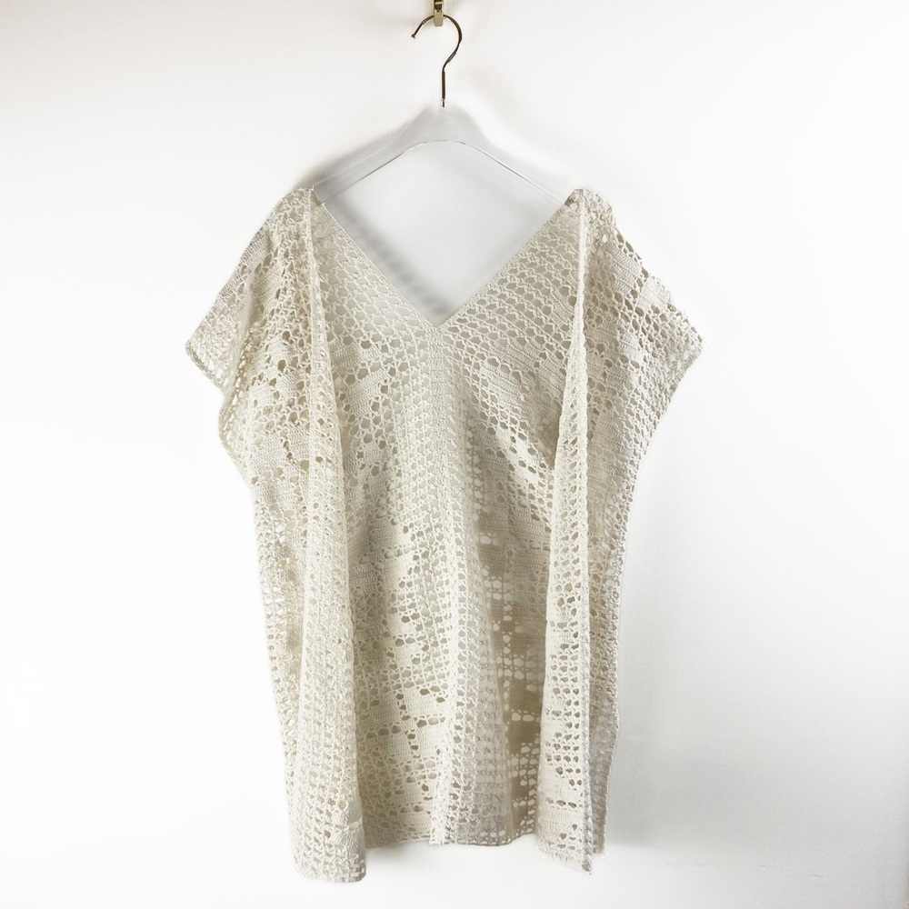 Handmade Boho Crochet Doily open Neutral tone Short Sleeve Cardigan Womens L